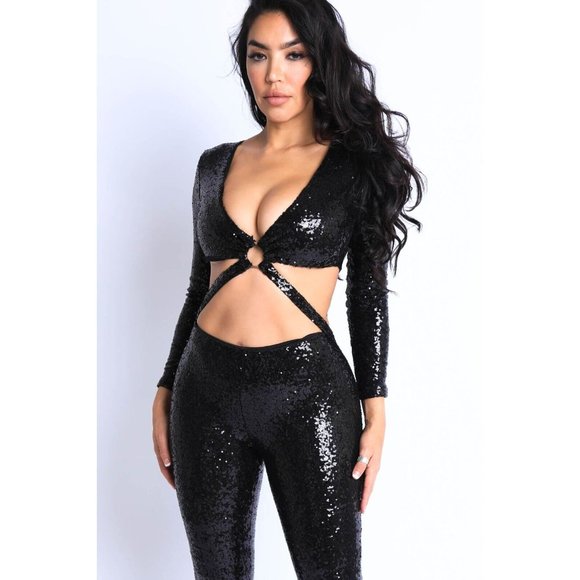 Women's Front O Ring Point Sequin Jumpsuit - Picture 7 of 8